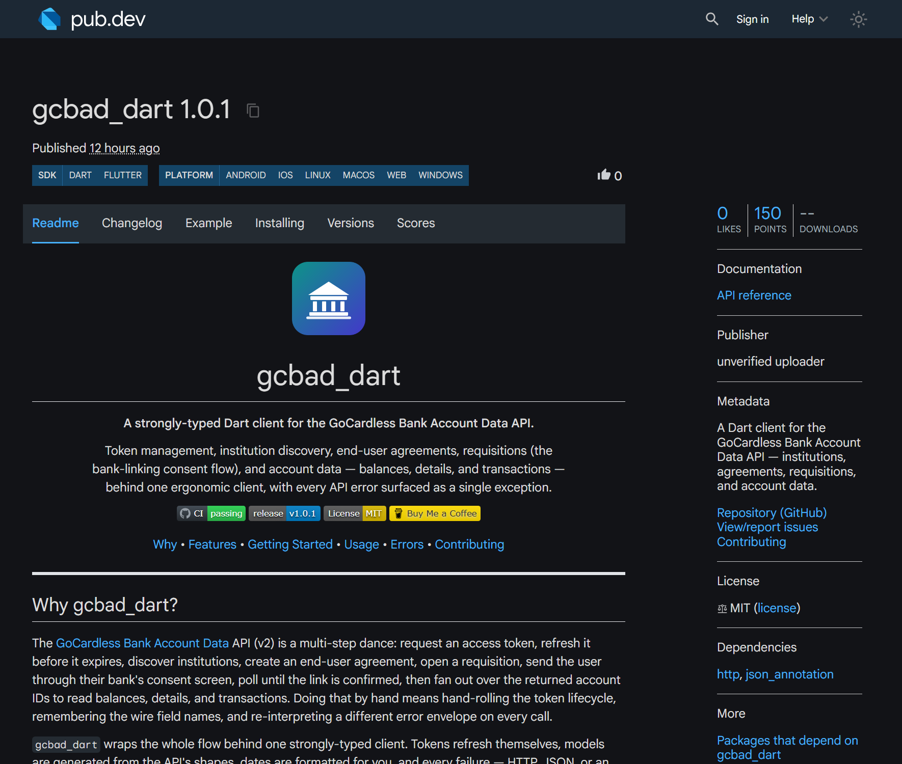 pub.dev package page for gcbad_dart 1.0.1, showing 150 pub points, MIT license, CI passing, and Dart and Flutter SDK support across Android, iOS, Linux, macOS, Web, and Windows