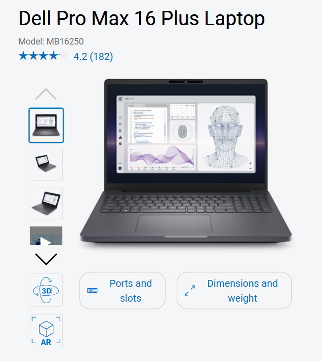 Dell's product page for the Dell Pro Max 16 Plus laptop, model MB16250