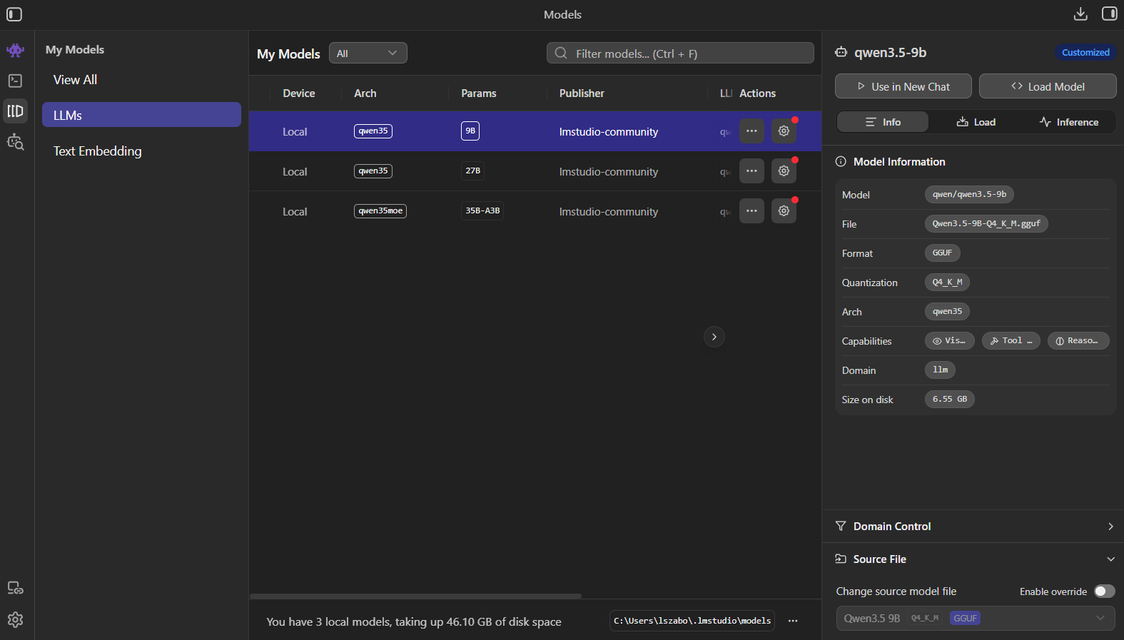 LM Studio's My Models screen listing three local Qwen models, with the qwen3.5-9b info panel open on the right
