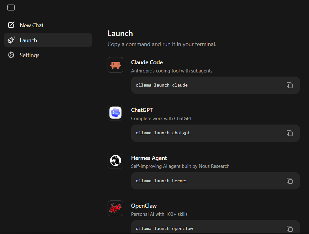 The Ollama app's Launch panel, listing copyable launch commands for Claude Code, ChatGPT, Hermes Agent, and OpenClaw