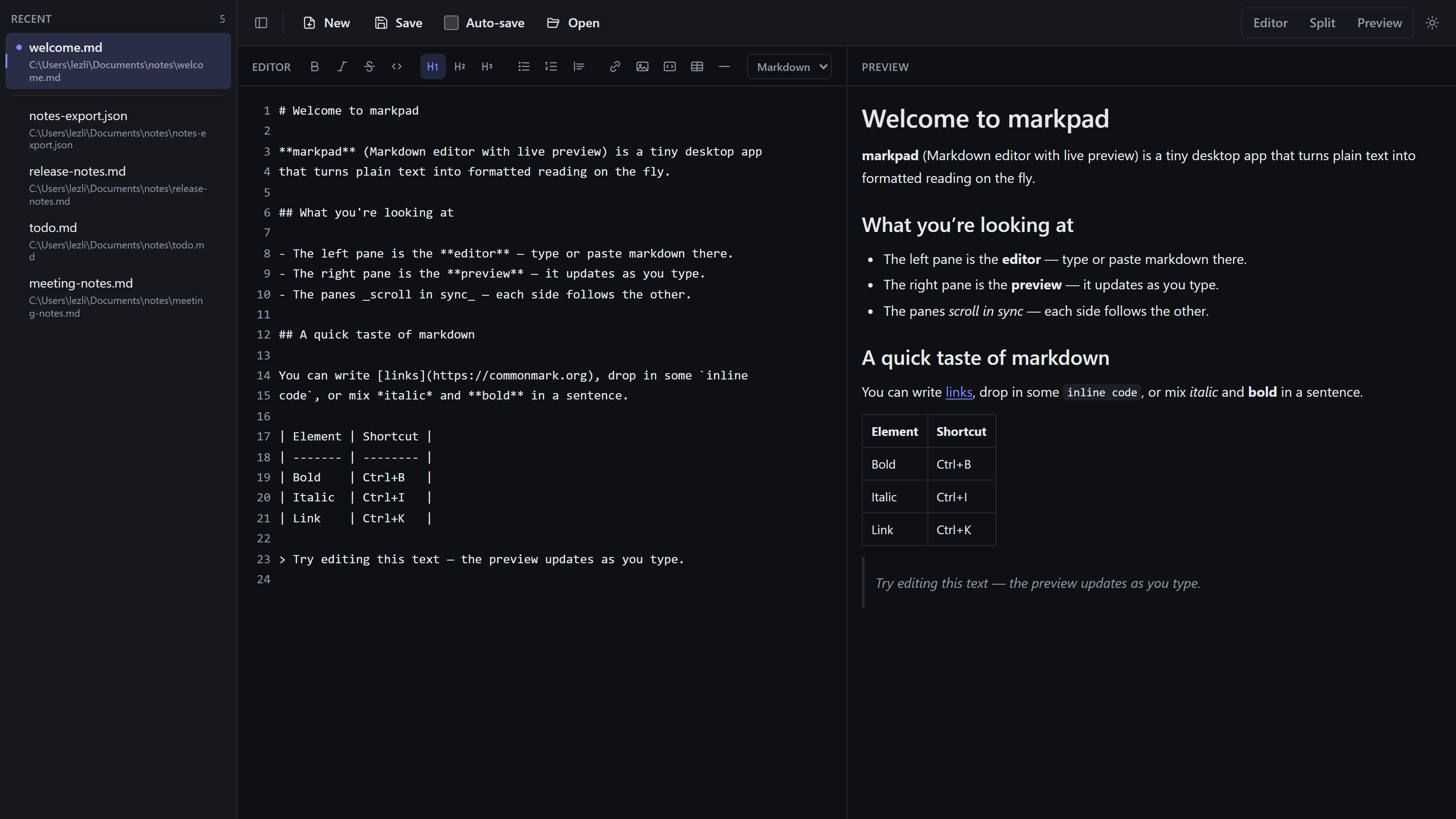 MarkPad editing Markdown: a recent-files sidebar on the left with a modified file marked, a formatting toolbar and language toggle above a line-numbered editor pane, and the live preview rendering the same document on the right