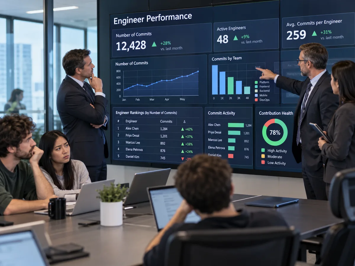 Two managers in suits in front of a wall-sized "Engineer Performance" dashboard showing total commits, commits per engineer, commits by team and a ranking of engineers by number of commits, while engineers at a conference table look on with visible unease