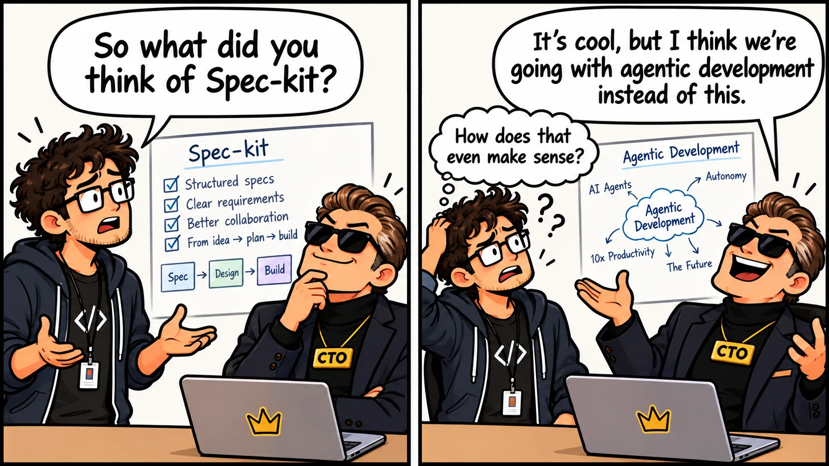 Two-panel comic. Left: a developer with a lanyard stands in front of a whiteboard listing Spec-kit benefits and a Spec, Design, Build flow, asking a CTO in sunglasses and a gold CTO badge "So what did you think of Spec-kit?" Right: the CTO, grinning in front of an Agentic Development buzzword diagram, answers "It's cool, but I think we're going with agentic development instead of this," while the developer scratches their head thinking "How does that even make sense?"