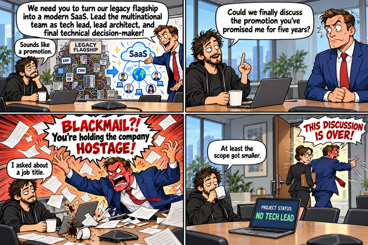 Four-panel comic. Top left: a manager in a blue suit points from a tangled "Legacy Flagship" server stack to a shiny SaaS cloud and says "We need you to turn our legacy flagship into a modern SaaS. Lead the multinational team as tech lead, lead architect, and final technical decision-maker!" while a tired developer in a black hoodie with a coffee mug replies "Sounds like a promotion." Top right: the developer raises a finger and asks "Could we finally discuss the promotion you've promised me for five years?" as the manager stares back, alarmed. Bottom left: the manager, red-faced, throws papers and spills coffee, shouting "BLACKMAIL?! You're holding the company HOSTAGE!" while the developer says "I asked about a job title." Bottom right: the manager storms out yelling "THIS DISCUSSION IS OVER!" with an HR colleague following, the laptop reads "Project status: no tech lead", and the developer sips coffee: "At least the scope got smaller."