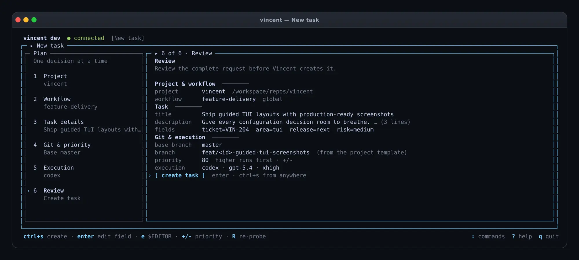 vincent New task view with a six-stage plan on the left and the populated final review on the right