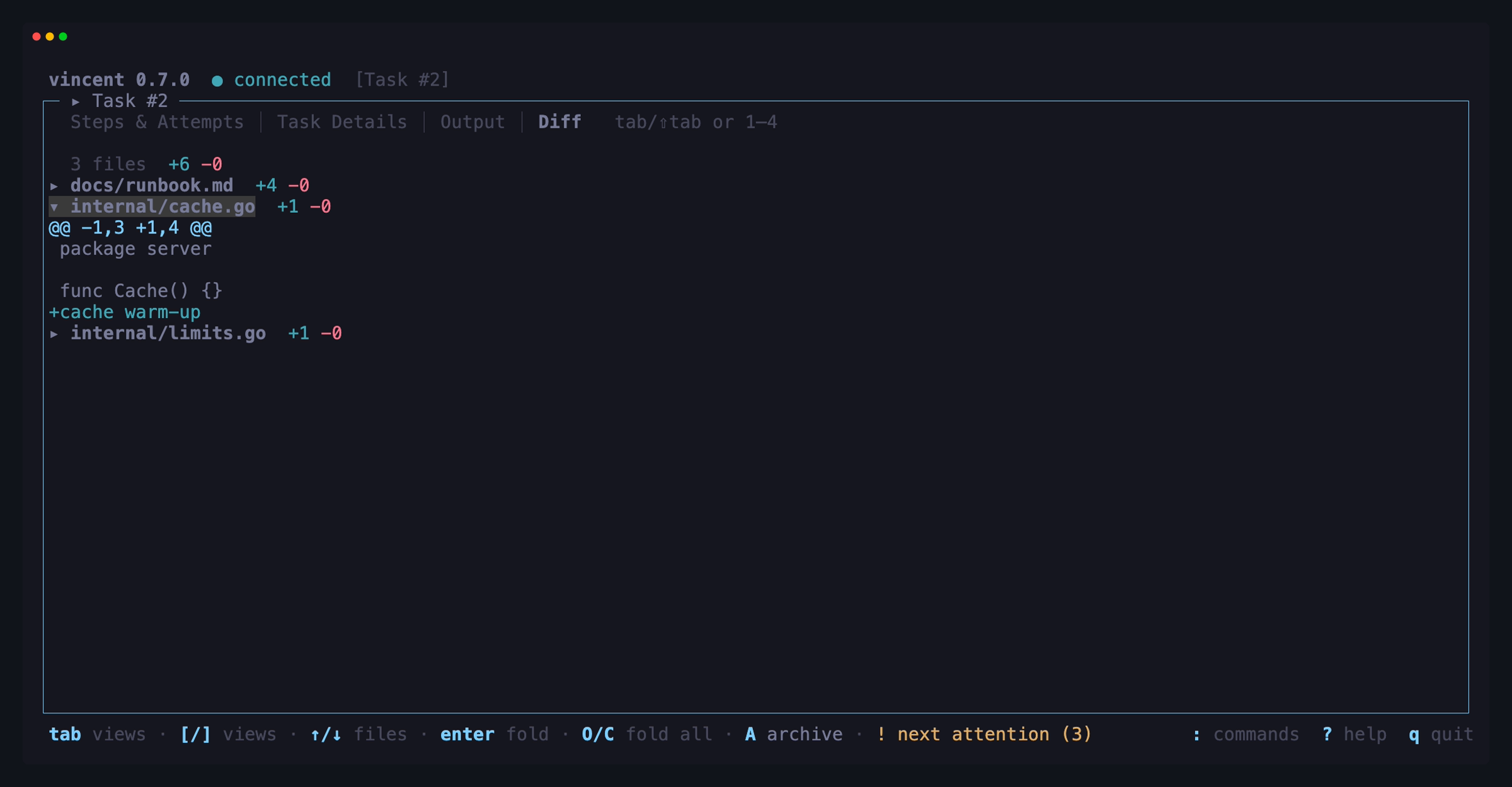 vincent 0.7.0 task workspace showing the Diff tab with three changed files and a folded file list