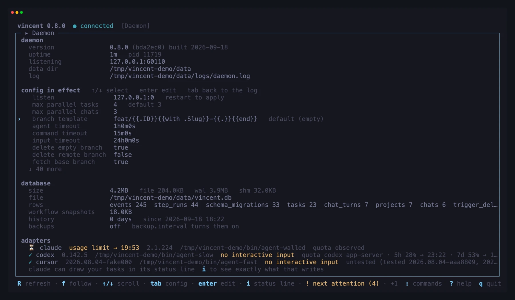The daemon view: the config in effect against the built-in defaults, the database block, and the agent adapters