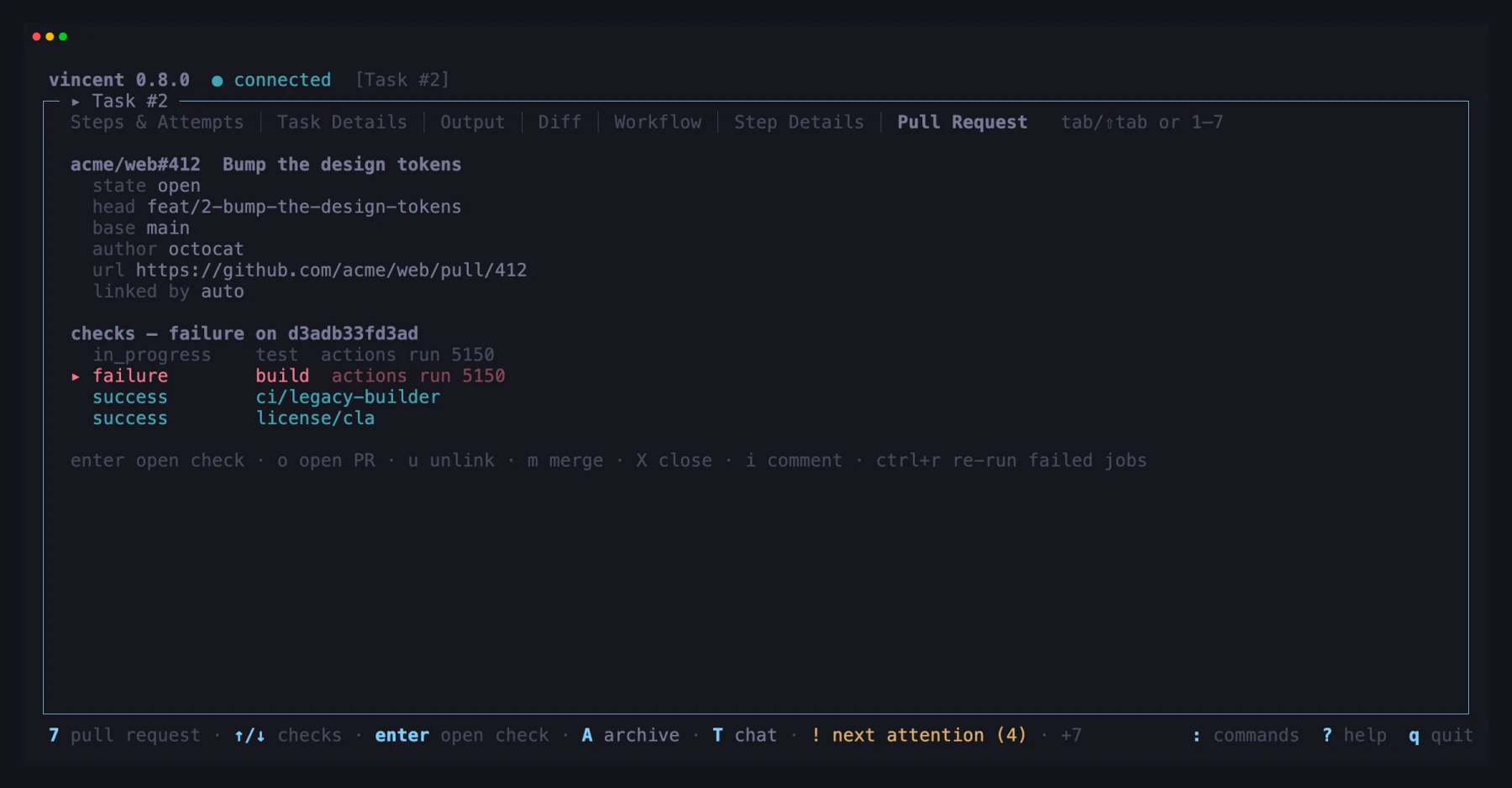 The Pull Request tab on a finished task: the pull request's details, its checks with the failed build selected, and the keys for merging, closing, commenting and re-running failed jobs