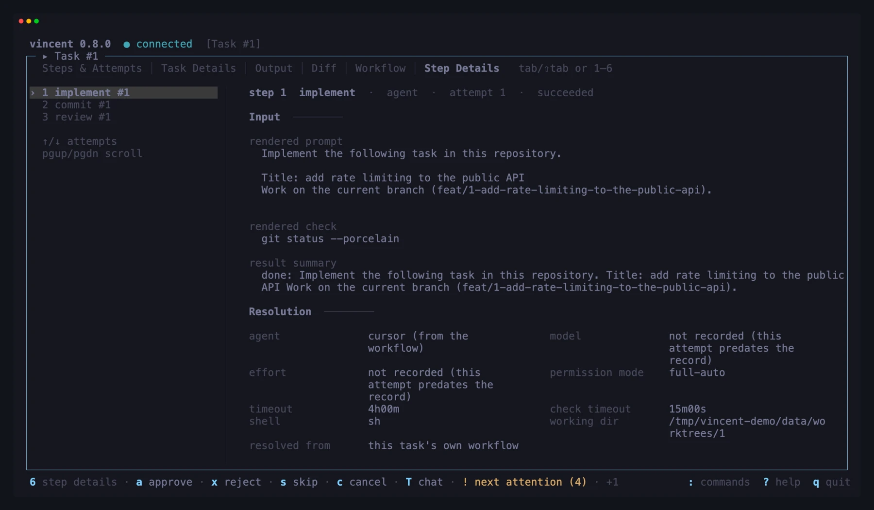 The Step Details tab on an agent step: the rendered prompt, the rendered check, the result summary, and where each setting came from